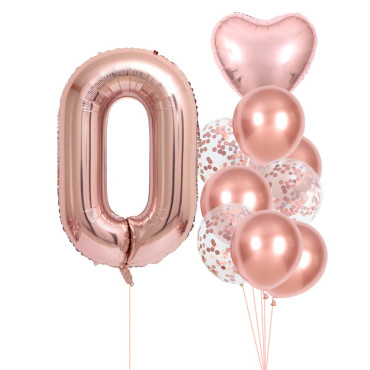 Set 10 Baloane Folie si Latex, Cyrax, Tematica Aniversare, Baloane Latex 25cm, Figurina Inimioara 45 cm, Cifra 0 de 81 cm, Ambalaj Individual, Pai Inclus, Umflare cu Aer sau Heliu, Roz Pal