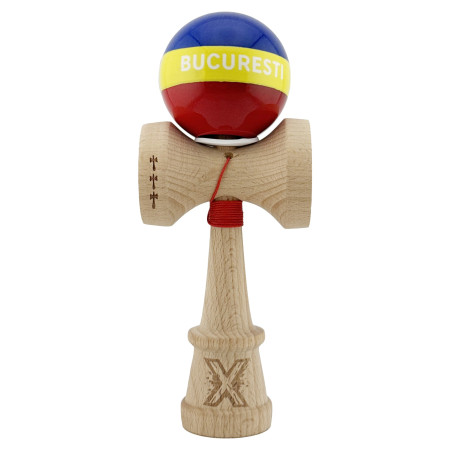 Kendama X Originala, Profesionala, Cyrax, Tricolor Edition BUCURESTI, Super Sticky cu Cupe Mari KING SIZE V3, Rulment Metalic si Gaura in Baza, din Lemn 18 cm, Ata 62/65 cm, Multicolor