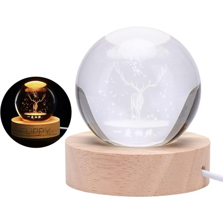 Lampa LED Decorativa,  cu Bila de Cristal cu Diametru 6cm, Model Cerb 3D, Alimentare USB, Suport din Lemn, Lumina Alb Cald