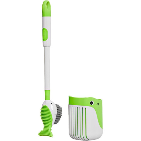 Perie de Toaleta,  cu Suport de Perete, Recipient Detergent, 2 Tipuri de Perii, Model Balena, Verde