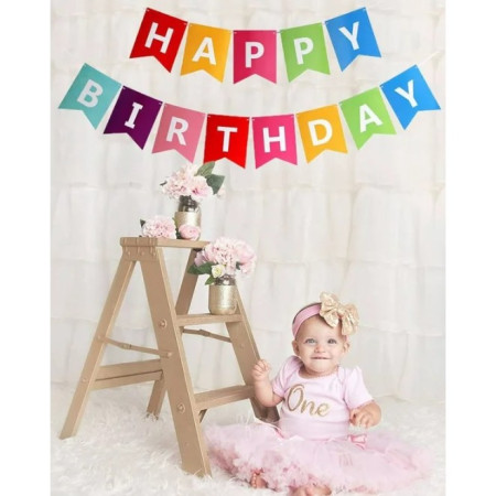 Banner Happy Birthday 100x200 cm, Cyrax, Dimensiune Stegulet 11.5x16.5 cm, Rola de Ata Inclusa, Multicolor
