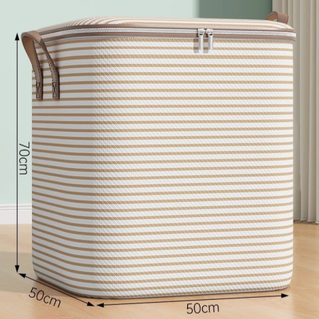 Cutie de Depozitare cu Fermoar,  Pliabila, Maner Ranforsat, Fermoar Rezistent, pentru Haine, Paturi, Plapume, Perne, Lenjerii de Pat, Jucarii, 50x50x70 cm, 180 Litri, in Dungi, Bej