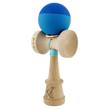 Kendama X Originala, Profesionala, Cyrax, Rubber Grip, Cupe Mari KING SIZE V3, Gaura in Baza, Rulment Metalic, din lemn 18 cm, Ata 62/65 cm, Bicolor Albastru/Albastru deschis