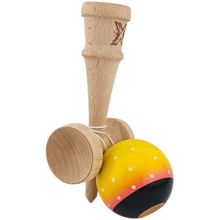 Kendama X Originala, Profesionala, Cyrax, din Lemn, Super Sticky, 18 cm, Galben/Roz/Negru