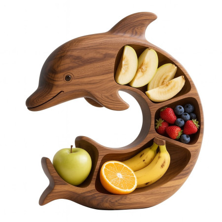 Platou pentru Servire, Cyrax, in Forma de Delfin, 4 Compartimente pentru Mezeluri, Branzeturi, Snacksuri, Fructe, Design Artistic, din Lemn Masiv, 26 x 25 x 4 cm, Maro Natur
