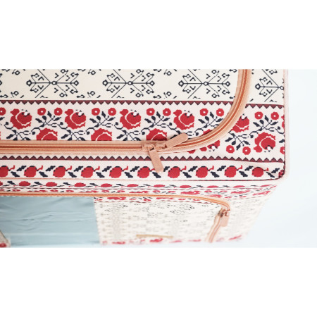 Cutie de Depozitare Pliabila, 100 L din Bumbac si In, 60X42X40 cm, Fereastra Frontala, 2 Usi de Acces cu Fermoar Bidirectional, Cadru Metalic, Suport Baza Stabil din Plastic, Motiv Traditional Model 3