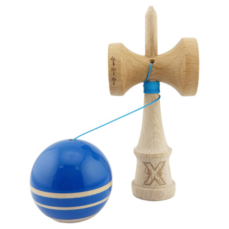 Kendama X Rainbow Originala, Profesionala, Cyrax, Big Cups V2, Super Sticky cu Cupe Mari, Rulment Metalic, din lemn 18 cm, Ata 55 cm, Albastru/Maro