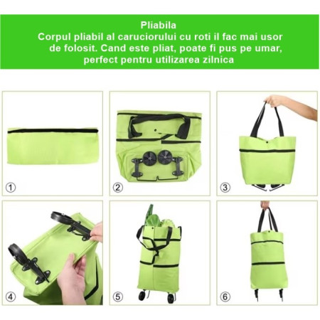 Geanta Pliabila,  2 in 1, Carucior cu Roti, pentru Cumparaturi, 19 l, Verde, Plastic, 39 x 46 x 12 cm