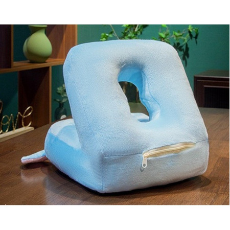 Set 2in1 Patura Microfibra si Perna din Spuma,  pentru Birou, Calatorii, Pauze, Model Elefant, Microfibra, 1x1.7 m, 30x35x30 cm, Albastru