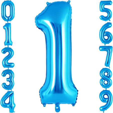 Balon din Folie Metalizata Cyrax, Figurina Cifra, Tema Aniversare 40 cm, Ambalaj Individual, Pai inclus, Umflare cu Aer sau Heliu, Albastru, Cifra 1