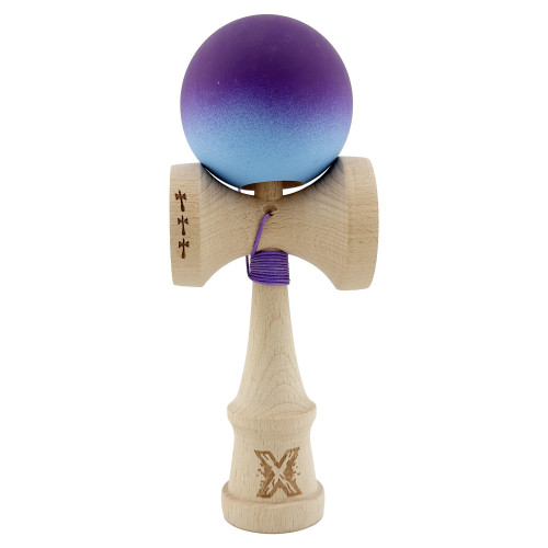 Kendama X Originala, Profesionala, Cyrax, Big Cups V2, Rubber Grip cu Cupe Mari, Rulment Metalic cu Ata 55 cm, Violet/Albastru...