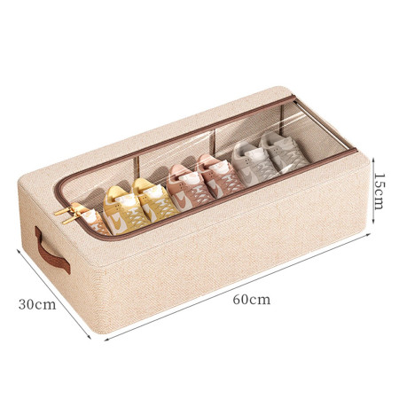 Cutie Depozitare cu Cadru Metalic,  pentru Incaltaminte, Haine, Lingerie, Fermoar Calitativ, Fereastra Transparenta, Manere Laterale, 60 x 30 x 15 cm Bej