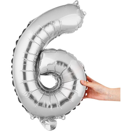 Balon din Folie Metalizata Cyrax, Figurina Cifra, Tema Aniversare 40 cm, Ambalaj Individual, Pai inclus, Umflare cu Aer sau Heliu, Argintiu, Cifra 6