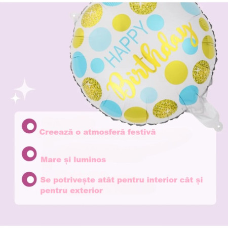 Balon din Folie Metalizata, Cyrax, Figurine, Model 5, Happy Birthday, Tematica Aniversare, 45 cm, Ambalaj Individual, Pai Inclus, Umflare cu Aer sau Heliu, Multicolor