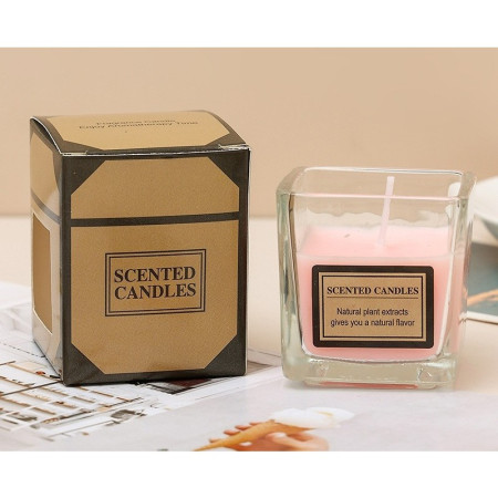 Lumanare Parfumata,  Model Pahar Transparent, cu Ulei Esential, 4.8 x 5.4 x 5.5 cm, Aroma de Trandafir, Roz pal