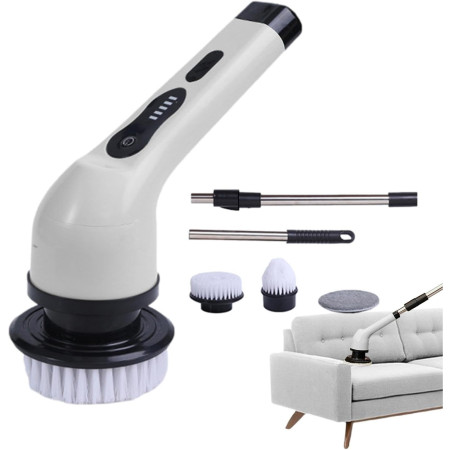 Perie Electrica de Curatare,  pentru Gresie, Baie, Bucatarie, 25x20x9.5 cm, cu 6 Capete, Maner Extensibil Detasabil 84-127cm, Incarcare USB-Type C, Rotire 360 de Grade, 3000 mAh, Culoare: Alb