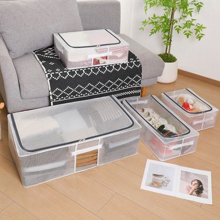 Cutie de Depozitare,  pentru Pantofi Haine, din Plasa PVC Impermeabila si Cadru de Otel, Pliabila, Fermoar Bidirectional, 40 x 30 x 15 cm Transparenta