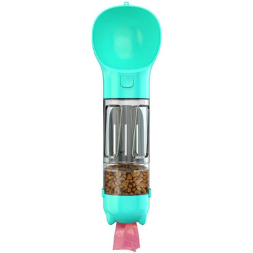 Sticla portabila 4 in 1  pentru caini si pisici, cu 3 compartimente + lopetica, 300ml, apa, hrana, pungi igienice, lopetica, 26.7 x 9.7 x 9.4 cm, turcoaz