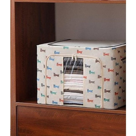 Cutie de Depozitare Pliabila,  66 L, Panza Oxford, 50x40x33 cm, Fereastra Frontala, 2 Usi de Acces cu Fermoar Bidirectional, Cadru Metalic, Suport Baza Stabil din Plastic, Imprimeu Catelus, Bej