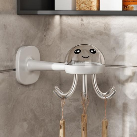 Suport Cuier pentru Perete,  Model Caracatita, Adeziv, 10 x 8.5 cm, 6 Brate, Alb