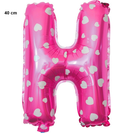 Balon Folie Metalizata Litera H, Cyrax, 40 cm, Cu Imprimeu Inimioare, Umflati cu Heliu sau Aer, Ambalaj Individual, Pai inclus, Roz