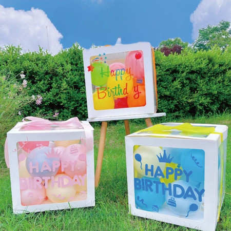 Cutie pentru Baloane, Cyrax, Tematica Aniversare, Model Scris Happy Birthday, Baloane Albastre, Roz, Galbene si Panglica Incluse, Contur Alb, Transparenta, 30x30 cm