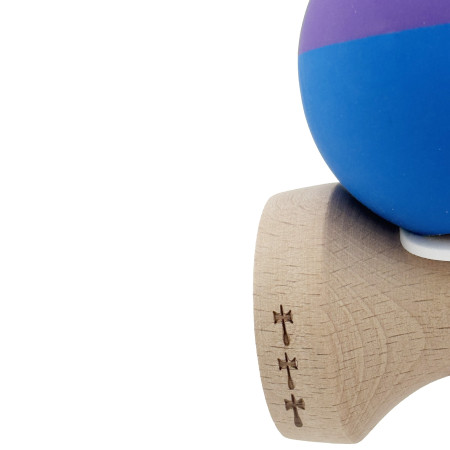 Kendama X Originala, Profesionala, Cyrax, Rubber Grip, Cupe Mari KING SIZE V3, Gaura in Baza, Rulment Metalic, din lemn 18 cm, Ata 62/65 cm, Bicolor Mov/Albastru