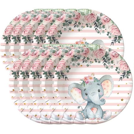 Set 10 Farfurii Unica Folosinta, Cyrax, Imprimeu Elefant, din Carton, 22 cm, Roz