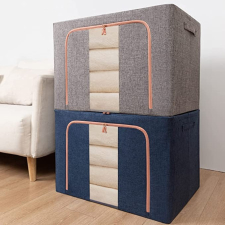Cutie de Depozitare Pliabila,  66 L, din Bumbac si In, 50x40x33 cm, Fereastra Frontala, 2 Usi de Acces cu Fermoar Bidirectional, Cadru Metalic, Suport Baza Stabil din Plastic, Albastru Marin