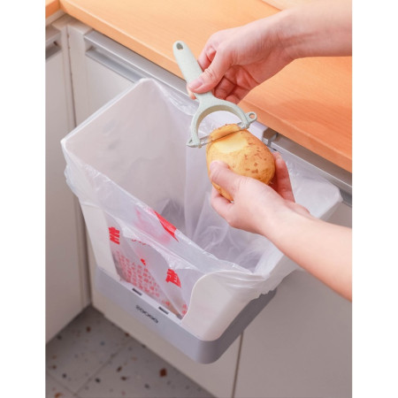 Cos de Gunoi Extensibil,  din Plastic, Reglabil, Pliabil, Versatil, pentru Bucatarie, Baie sau Birou, Cos Universal, 21x25x17 cm, Alb Gri