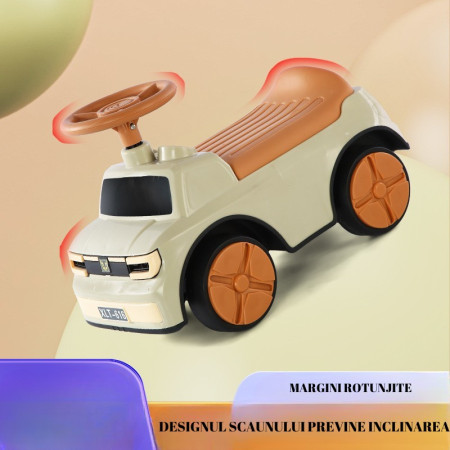 Masinuta Ride-On Cyrax, cu Sistem Anti-Rasturnare, Sistem de Lumini si Muzica, Cutie de Depozitare, 1-6 Ani, 58 x 28 x 37 cm, Maro