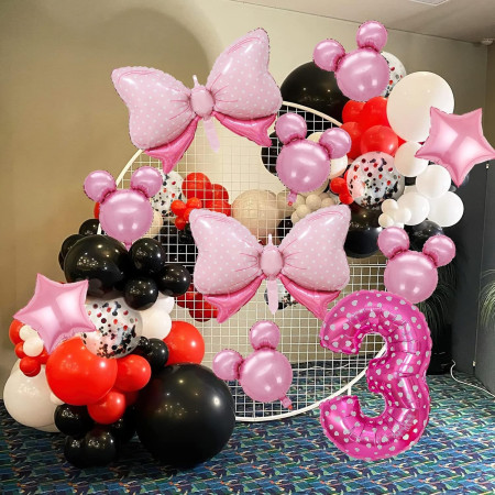 Balon din Folie Metalizata Cyrax, Figurina Cifra, Imprimeu Inimi, Tema Aniversare 80 cm, Ambalaj Individual, Pai inclus, Umflare cu Aer sau Heliu, Roz, Cifra 3