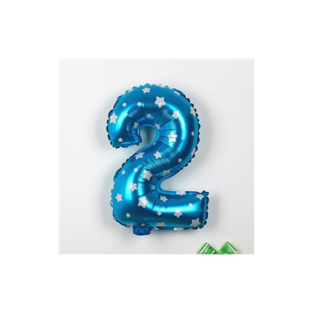 Balon din Folie Metalizata Cyrax, Figurina Cifra, Imprimeu Stele, Tema Aniversare 80 cm, Ambalaj Individual, Pai inclus, Umflare cu Aer sau Heliu, Albastru, Cifra 2