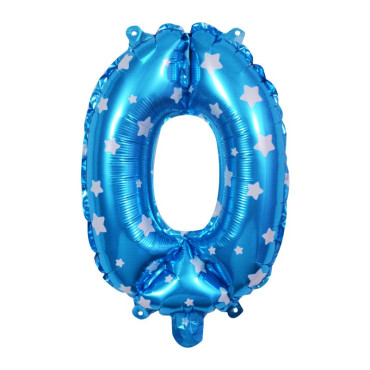 Balon din Folie Metalizata Cyrax, Figurina Cifra, Imprimeu Stele, Tema Aniversare 80 cm, Ambalaj Individual, Pai inclus, Umflare cu Aer sau Heliu, Albastru, Cifra 0