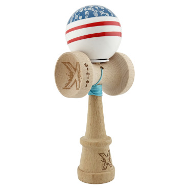 Kendama X Originala CHICANOS, Profesionala, Cyrax, Cupe Mari KING SIZE V3, Super Sticky, Gaura in Baza, Rulment Metalic, din lemn 18 cm, Ata 55 cm, Albastru/Alb