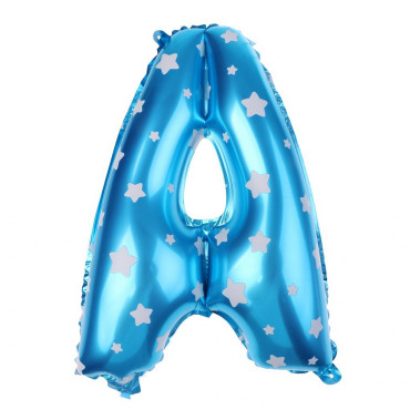 Balon Folie Metalizata Litera A, Cyrax, 40 cm, Cu Imprimeu Stelute, Umflati cu Heliu sau Aer, Ambalaj Individual, Pai inclus, Albastru