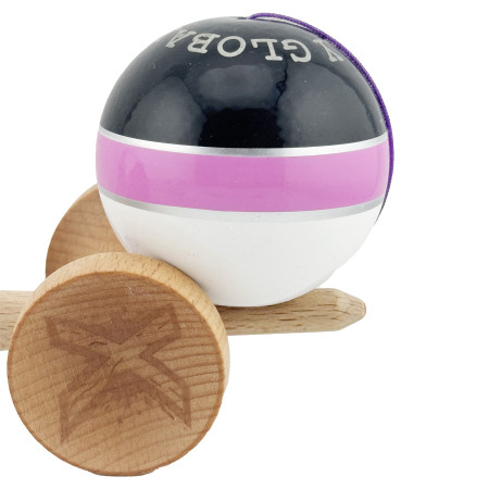 Kendama X ROYAL SPIKE Originala, Profesionala, Cyrax, Big Cups V2, Super Sticky cu Cupe Mari, Rulment Metalic, din lemn 18 cm, Ata 55 cm, Negru/Roz Silver/Alb