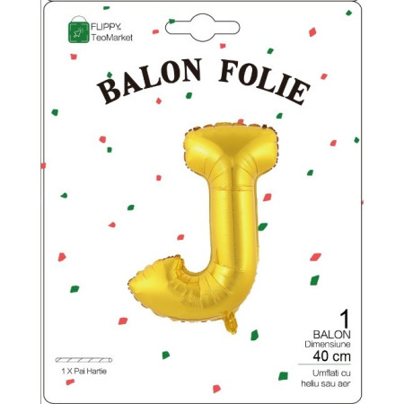 Balon Folie Metalizata Litera J, Cyrax, 40 cm, Umflati cu Heliu sau Aer, Ambalaj Individual, Pai inclus, Auriu