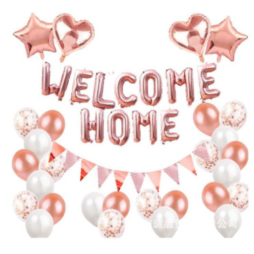 Set baloane folie si latex, Cyrax, WELCOME HOME, 24 de piese, 20 baloane latex, 4 baloane stea Folie, 1 set Welcome Home, Rose gold metal