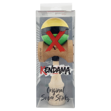 Kendama X Originala, Profesionala, Cyrax, Big Cups V2, Super Sticky cu Cupe Mari, din lemn 18 cm, Rulment Metalic cu Ata 55 cm, Galben/Negru/Verde