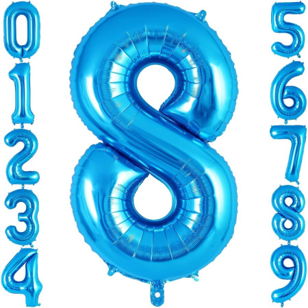Balon din Folie Metalizata, Cyrax, Figurina Cifra, Tema Aniversare 100 cm, Ambalaj Individual, Pai inclus, Umflare cu Aer sau Heliu, Albastru, Cifra 8