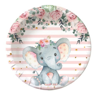 Set 10 Farfurii Unica Folosinta, Cyrax, Imprimeu Elefant, din Carton, 17 cm, Roz