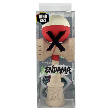 Kendama X Originala, Profesionala, Cyrax, Rubber Grip, Cupe Mari KING SIZE V3, Gaura in Baza, Rulment Metalic, din lemn 18 cm, Ata 62/65 cm, Bicolor Galben/Rosu