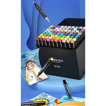 Set 60 Markere, Cyrax, pe Baza de Ulei, Dublu Capat, Subtire 1mm si Gros 6 mm, Geanta Depozitare, 15 cm, Multicolor