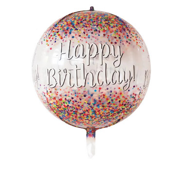 Balon din Folie Metalizata, Cyrax, Figurina Rotunda 4D, Model Happy Birthday, Tema Aniversare, 24 x 63 cm, Ambalaj Individual, Pai inclus, Umflare cu Aer sau Heliu, Maro