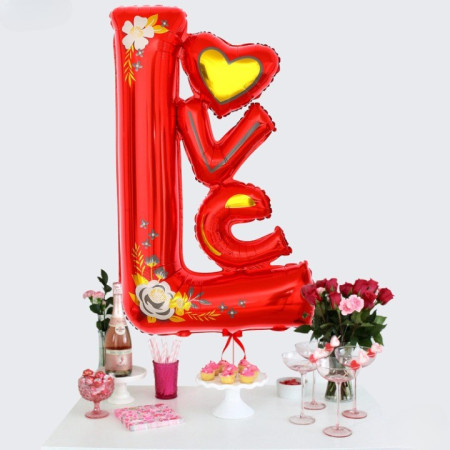 Balon din Folie Metalizata, Cyrax, Figurine, Model LOVE, Tematica Iubire, 110x64 cm, Ambalaj Individual, Pai Inclus, Umflare cu Aer sau Heliu, Rosu