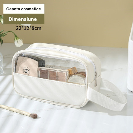 Geanta cosmetice Cyrax, pentru voiaj sau organizare, material PVC/textil, impermeabila, portabila, 22 x 12 x 8 cm, alb
