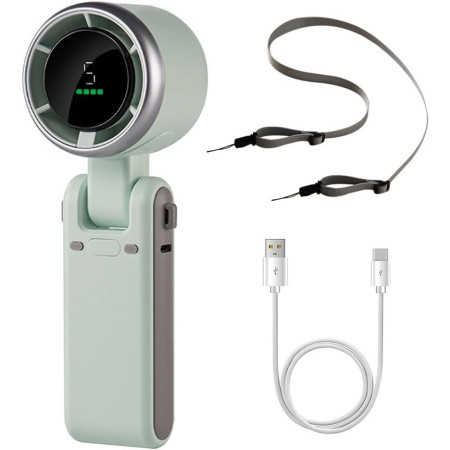 Mini Ventilator Portabil,  5 Trepte de Viteza, Afisaj Digital, Incarcare USB, 5V, 2A, 5.95 x 5.2 x 17.2 cm, Verde