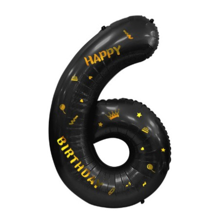 Balon din Folie Metalizata Cyrax, Figurina Cifra, Scris Happy Birthday, Tema Aniversare 100 cm, Ambalaj Individual, Pai inclus, Umflare cu Aer sau Heliu, Negru, Cifra 6