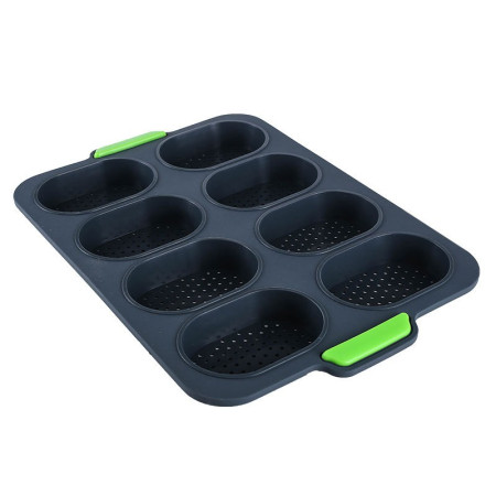 Forme de Silicon pentru Copt, Cyrax, 8 Forme Ovale, pentru Paine si Prajituri, 34.5 x 23.8 x 2.5 cm, Negru/Verde